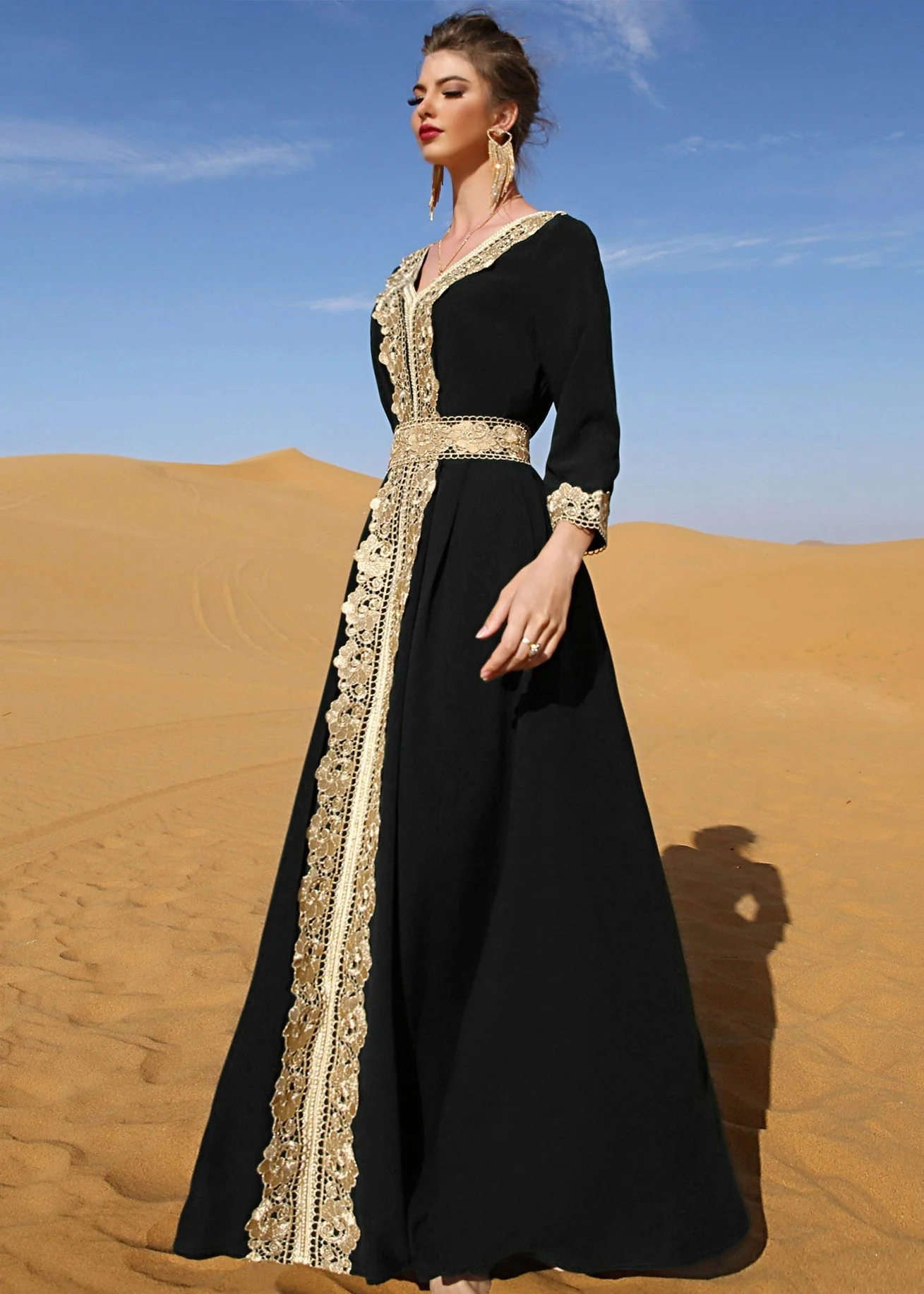 Slim Fit Black V Neck Lace Patchwork Party Maxi Dress Long Sleeve - Image 4