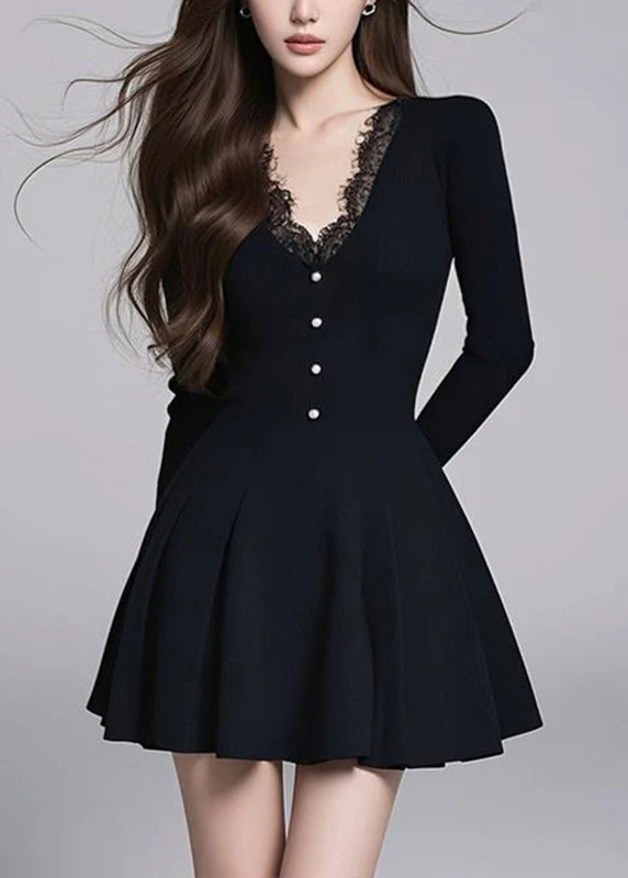Slim Fit Black V Neck Mid Dress Long Sleeve - Image 3