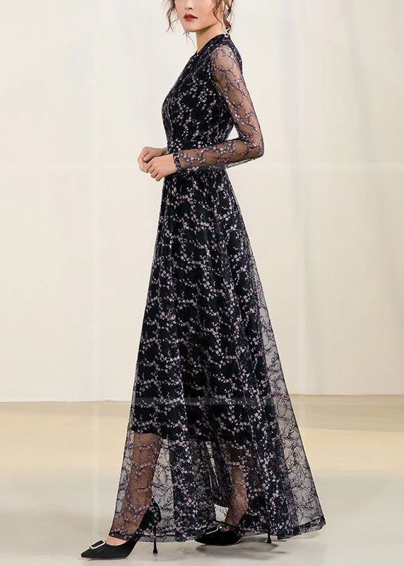 Slim Fit Black V Neck Tulle Patchwork Chiffon Long Dress Spring - Image 2
