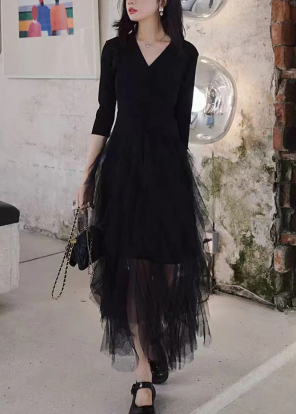 Slim Fit Black V Neck Tulle Patchwork Long Dresses Bracelet Sleeve - Image 2