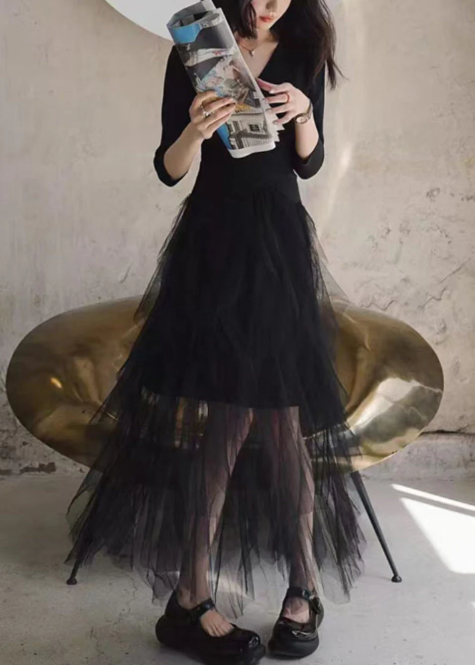 Slim Fit Black V Neck Tulle Patchwork Long Dresses Bracelet Sleeve - Image 3