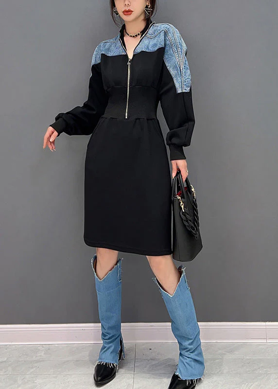 Slim Fit Black V Neck Zippered Patchwork Denim Maxi Dresses Long Sleeve - Image 2