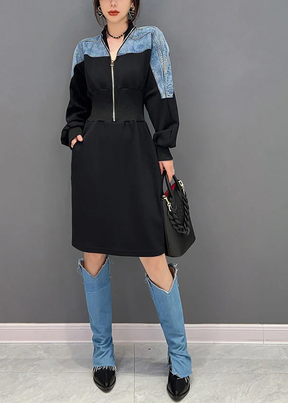 Slim Fit Black V Neck Zippered Patchwork Denim Maxi Dresses Long Sleeve - Image 3