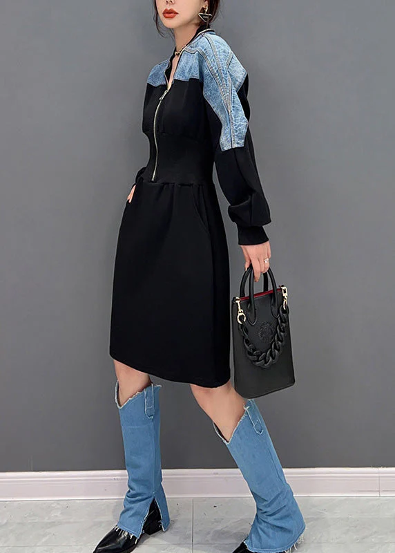 Slim Fit Black V Neck Zippered Patchwork Denim Maxi Dresses Long Sleeve - Image 4