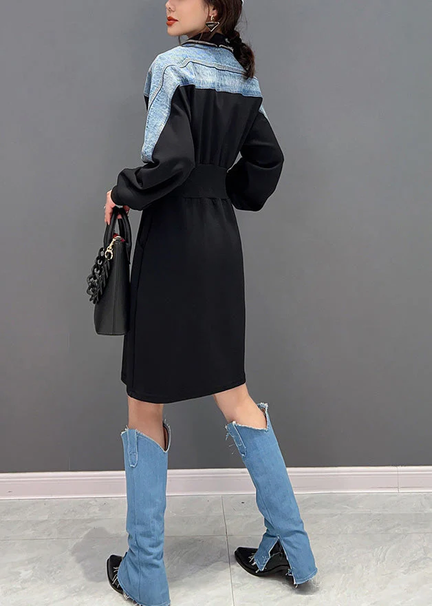 Slim Fit Black V Neck Zippered Patchwork Denim Maxi Dresses Long Sleeve - Image 5