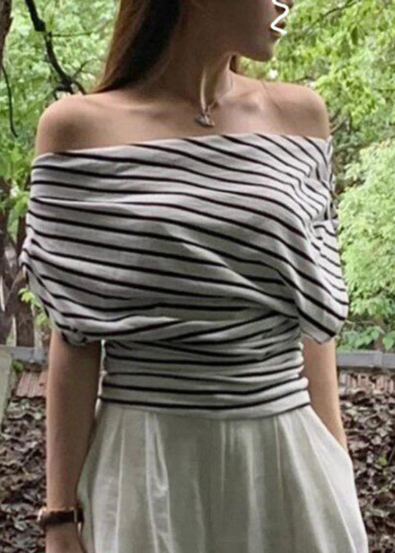Slim Fit Black White Striped Slash Neck T Shirt Short Sleeve - Image 2