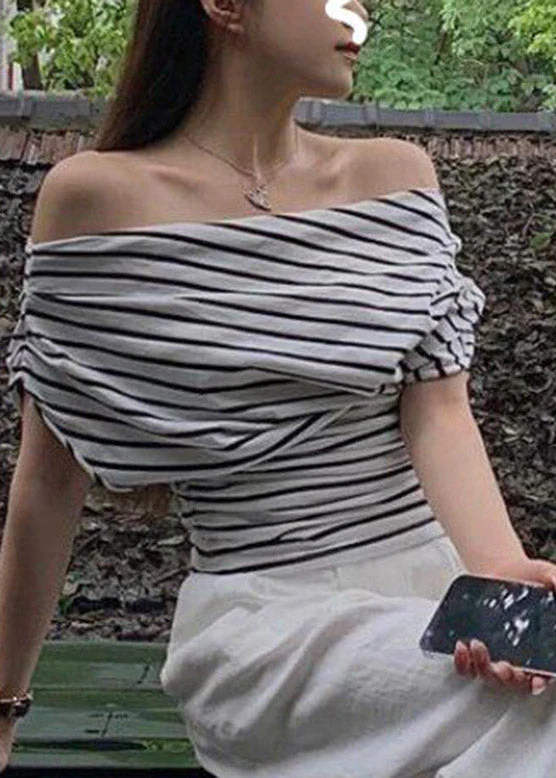 Slim Fit Black White Striped Slash Neck T Shirt Short Sleeve - Image 3