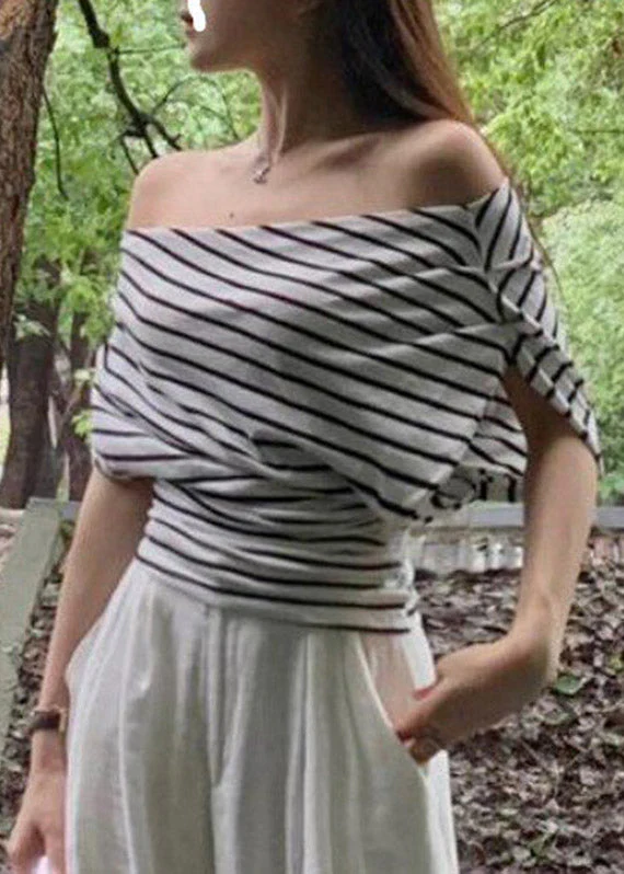 Slim Fit Black White Striped Slash Neck T Shirt Short Sleeve - Image 4