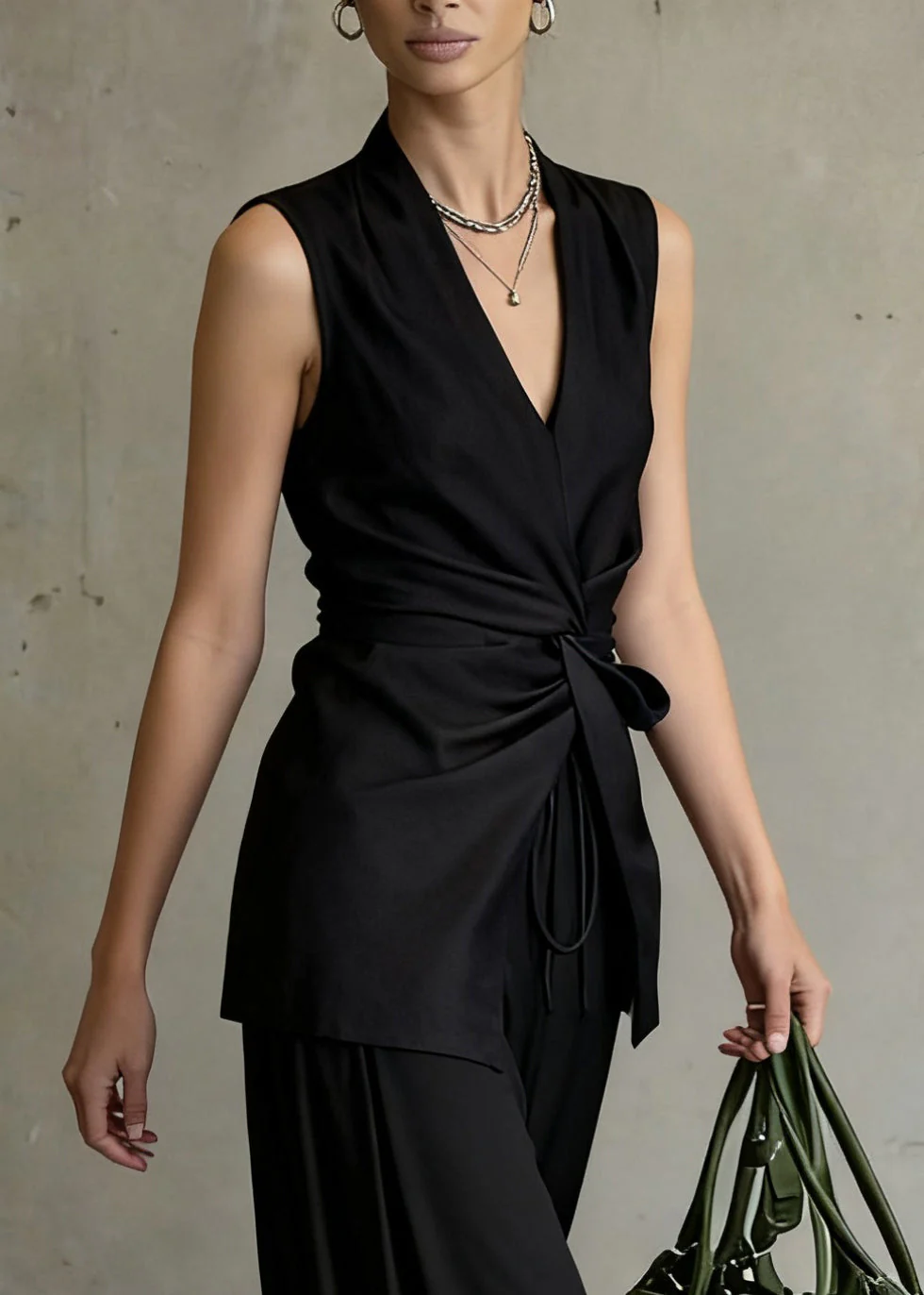 Slim Fit Black Wrinkled Front Open Tops And Wide Leg Pants Two Piece Set Sleeveless - Image 2