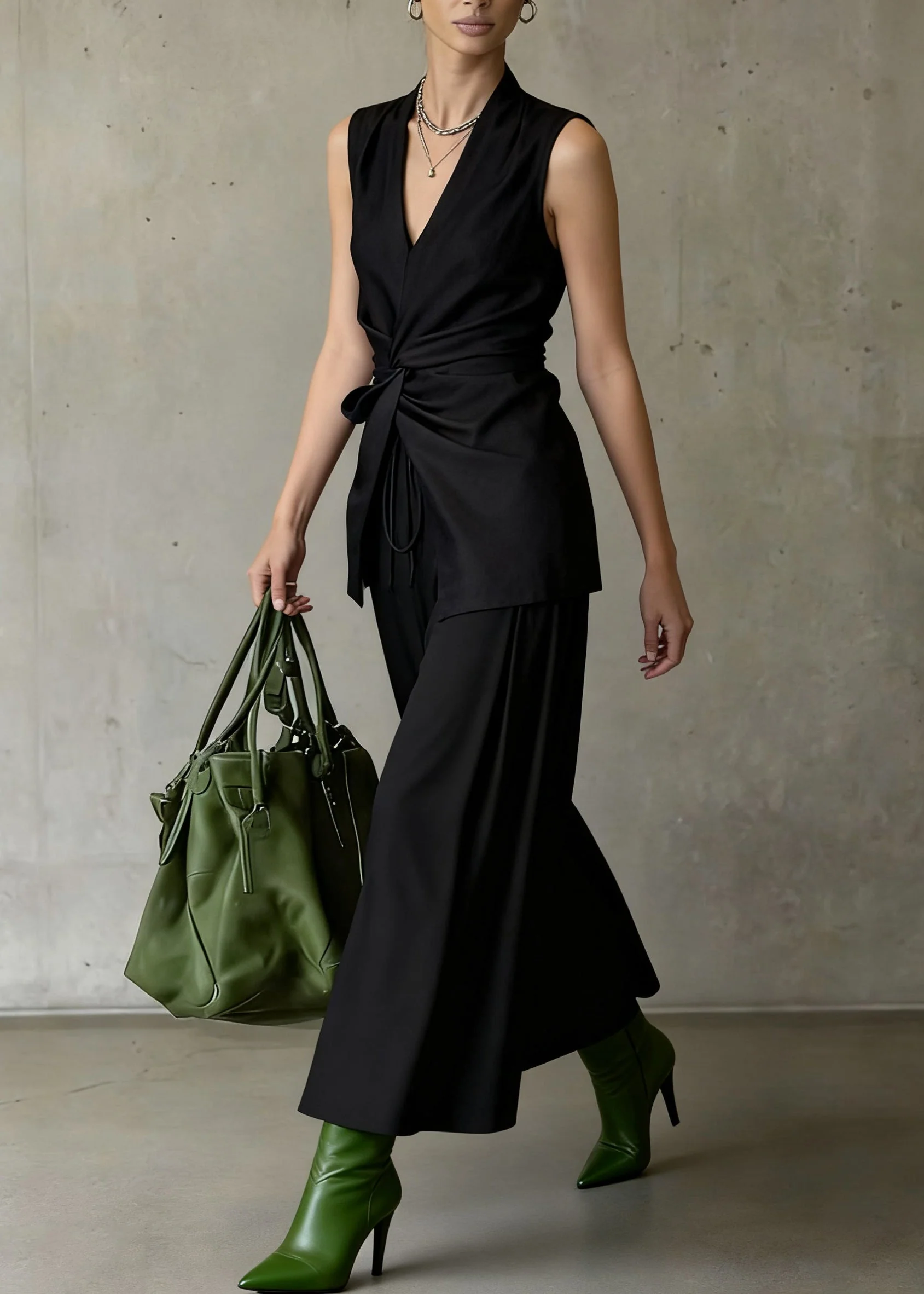 Slim Fit Black Wrinkled Front Open Tops And Wide Leg Pants Two Piece Set Sleeveless - Image 3