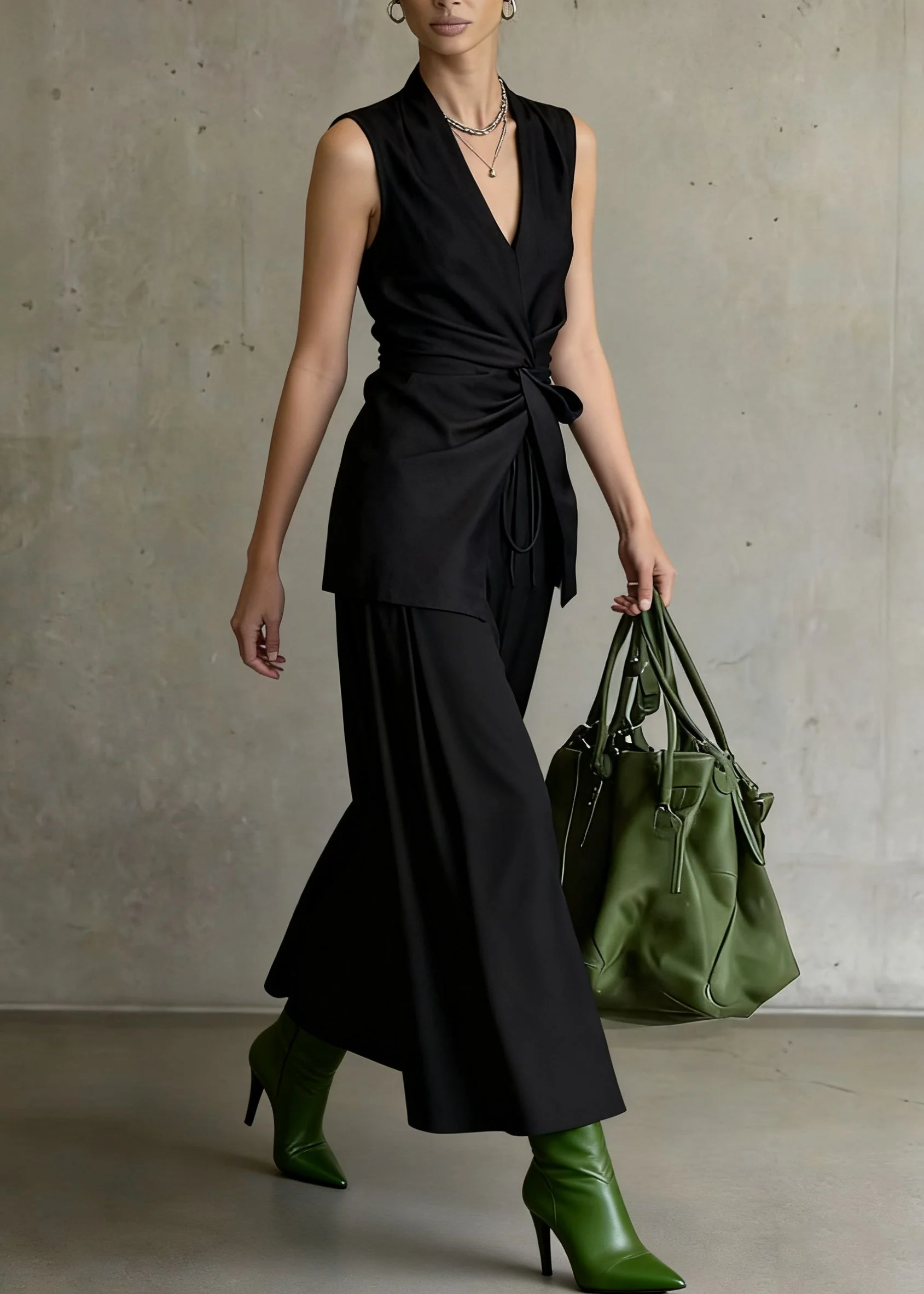 Slim Fit Black Wrinkled Front Open Tops And Wide Leg Pants Two Piece Set Sleeveless - Image 5