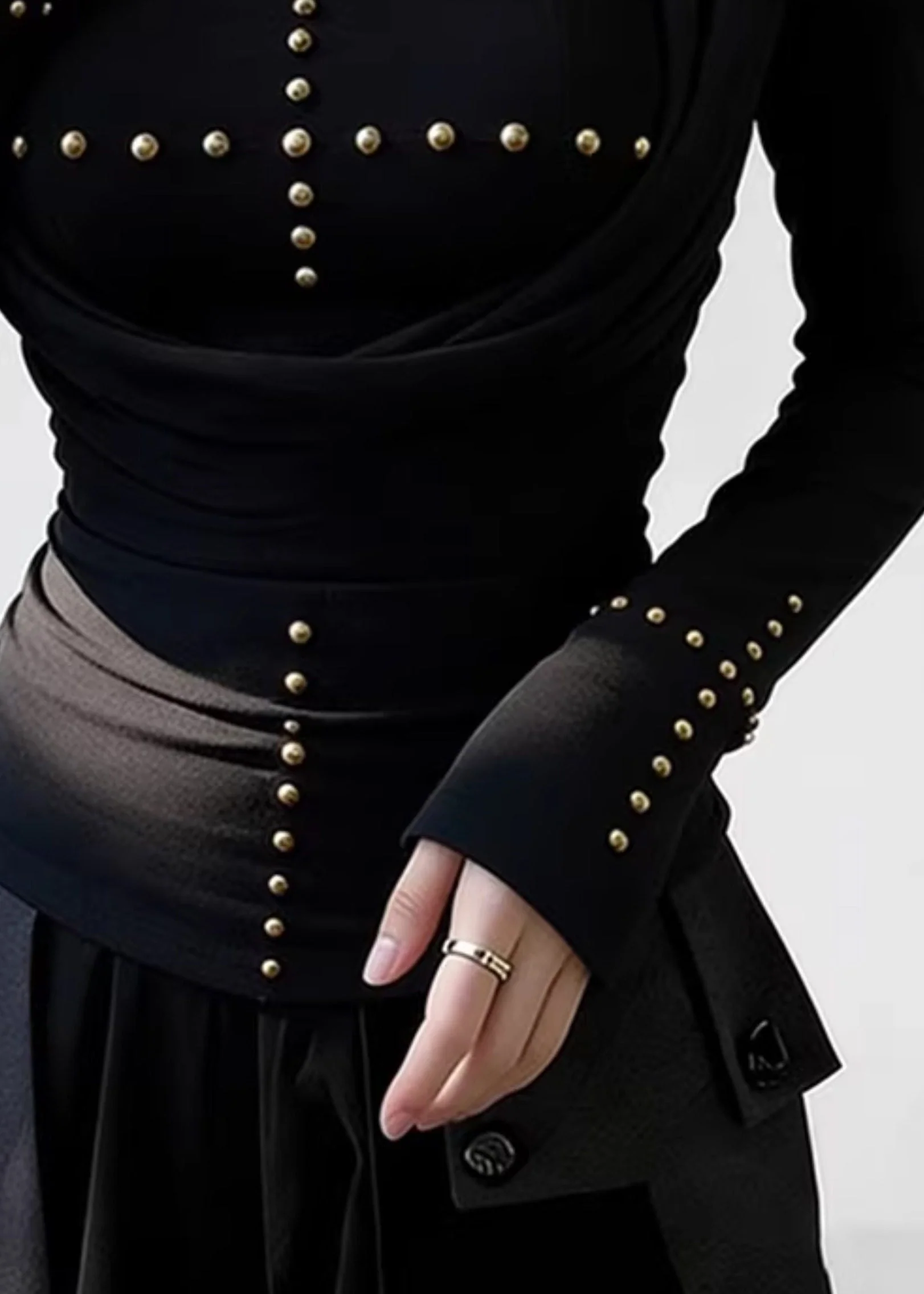 Slim Fit Black Wrinkled Nail Bead Cotton T Shirt Spring - Image 5