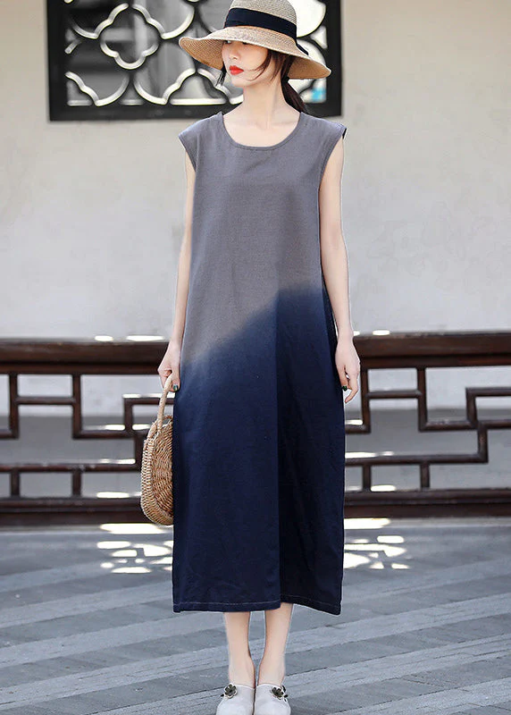 Slim Fit Blackish Green O-Neck Color contrast Tie Dye Long Dress Sleeveless - Image 2