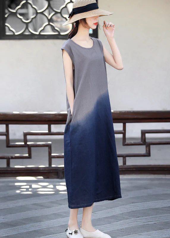 Slim Fit Blackish Green O-Neck Color contrast Tie Dye Long Dress Sleeveless - Image 3