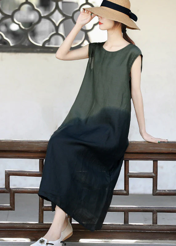 Slim Fit Blackish Green O-Neck Color contrast Tie Dye Long Dress Sleeveless - Image 5