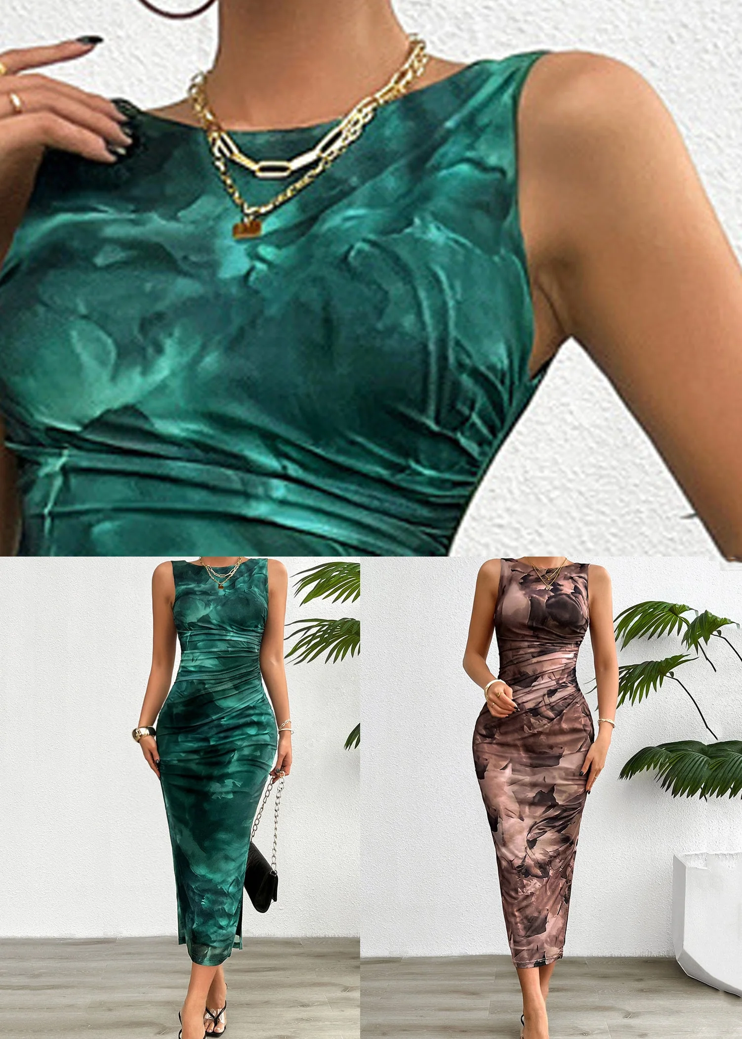 Slim Fit Blackish Green Print Side Open Tulle Long Dress Sleeveless - Image 5