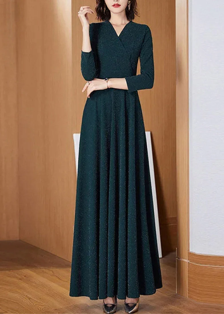 Slim Fit Blackish Green V Neck Wrinkled Dress Long Sleeve - Image 2