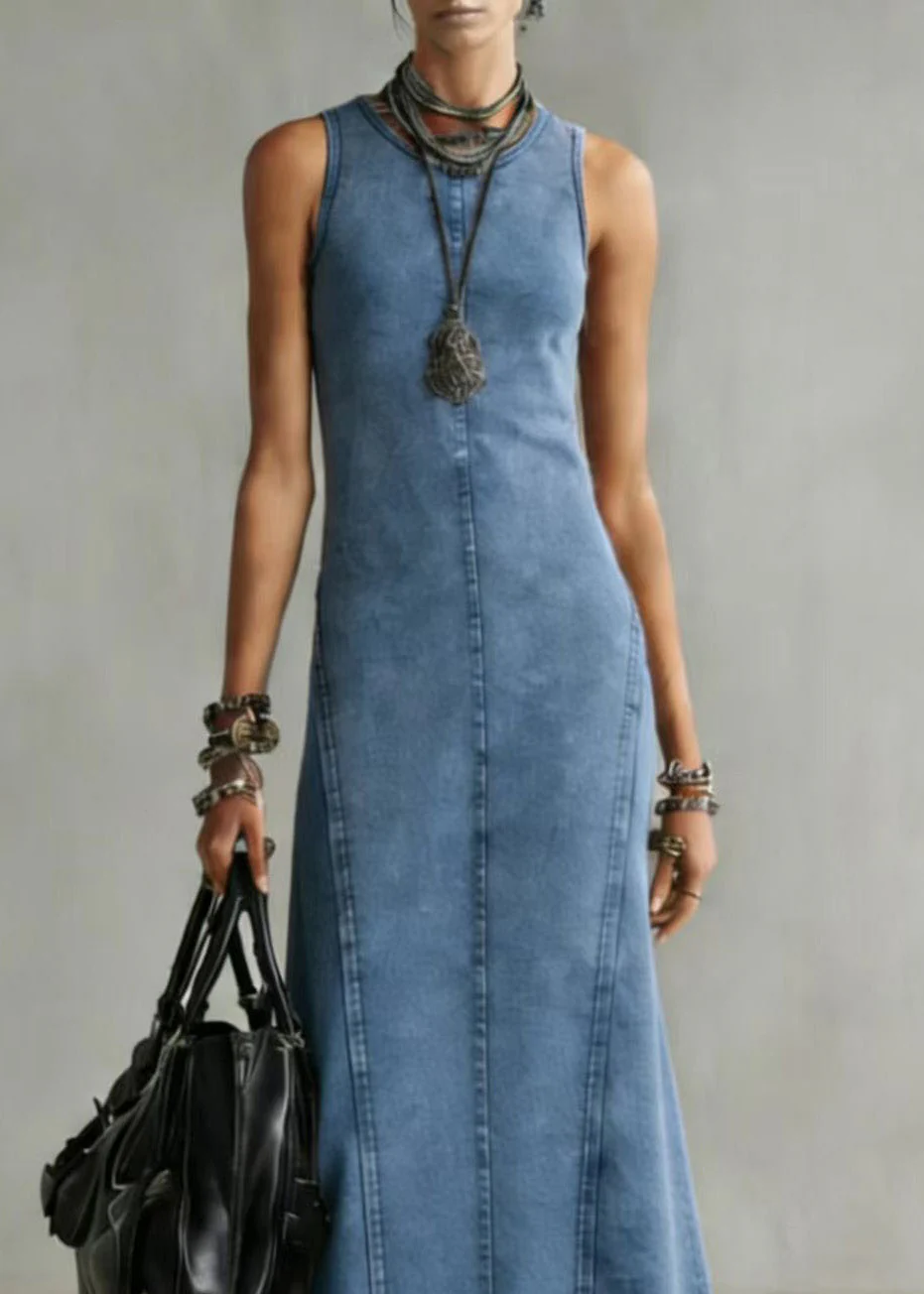 Slim Fit Blue O Neck Denim Long Dress Sleeveless - Image 2
