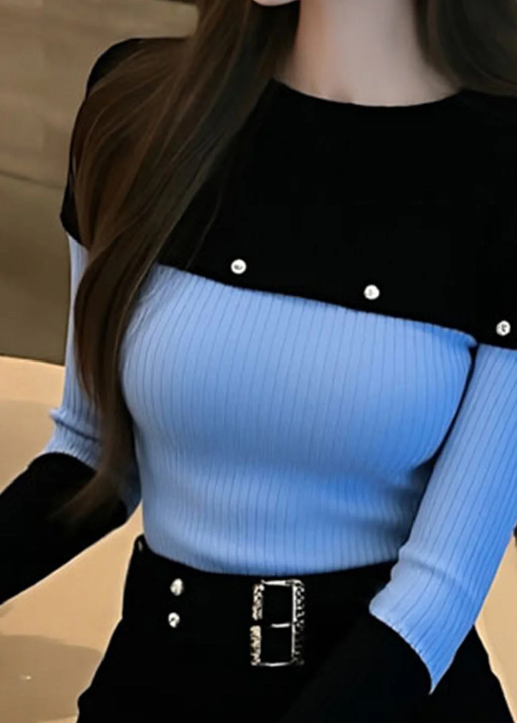 Slim Fit Blue O-Neck Patchwork Knit Sweater Winter - Image 3
