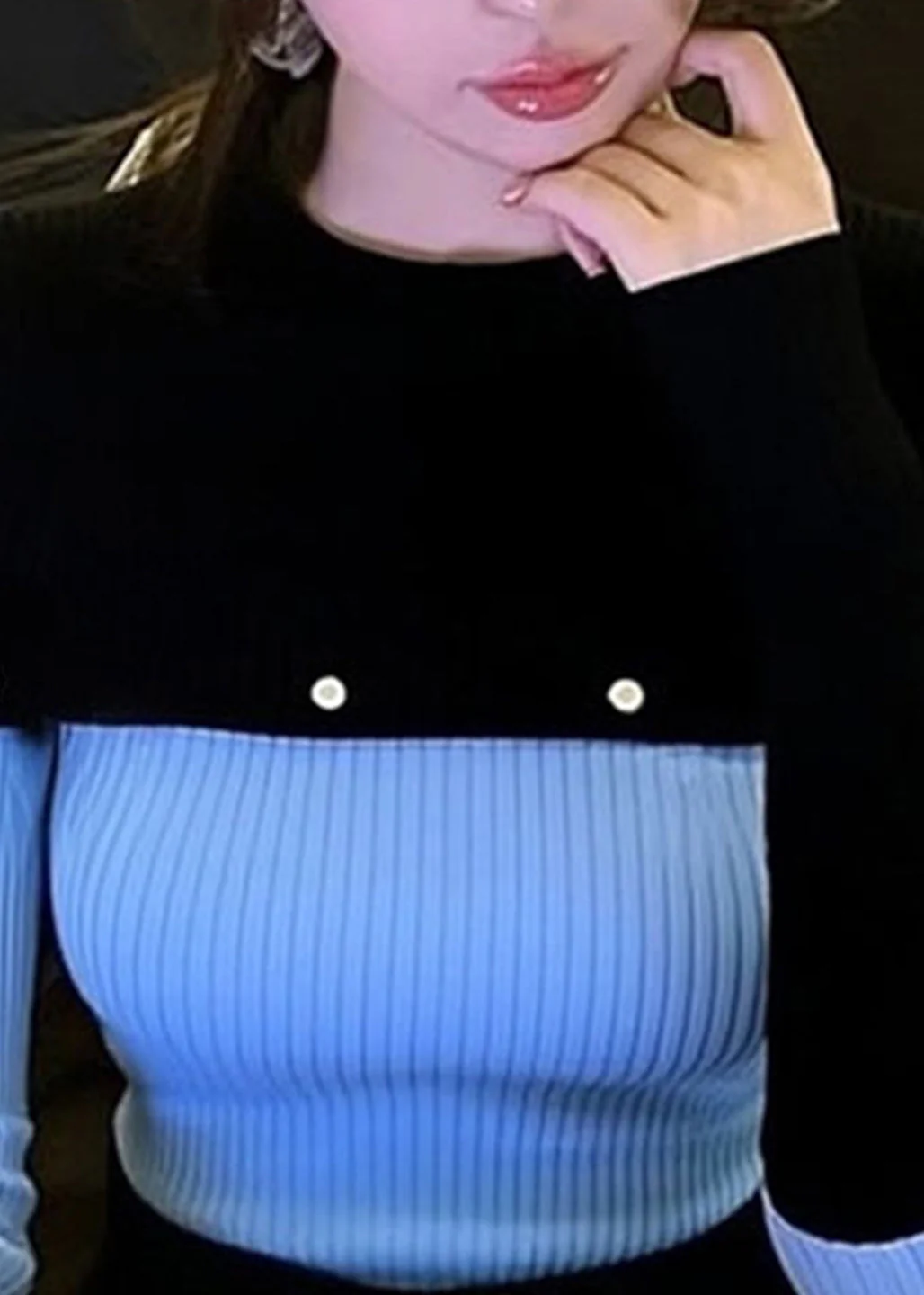 Slim Fit Blue O-Neck Patchwork Knit Sweater Winter - Image 4