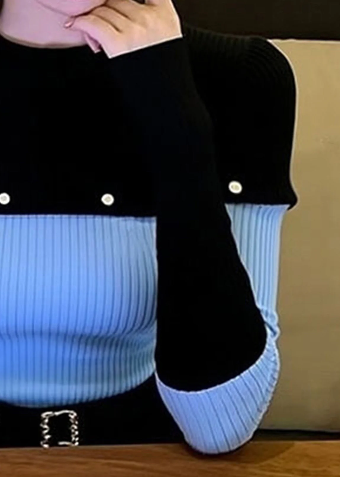 Slim Fit Blue O-Neck Patchwork Knit Sweater Winter - Image 5
