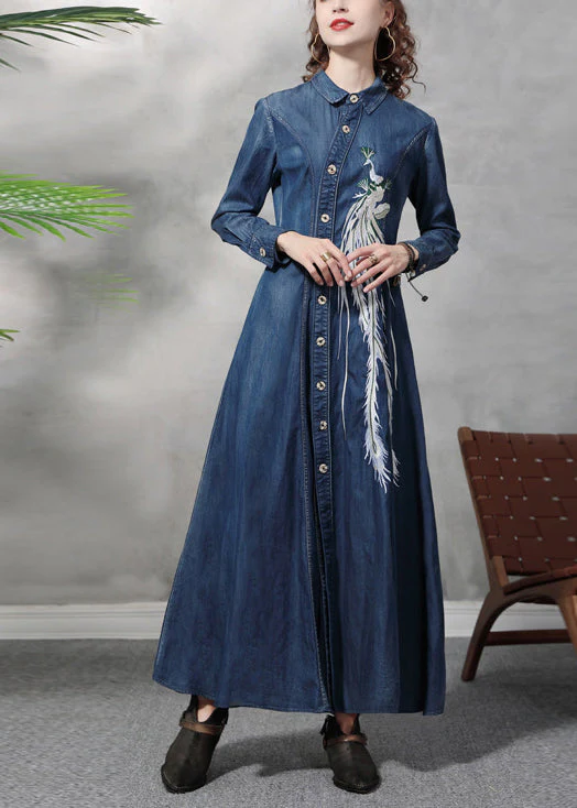 Slim Fit Blue Peter Pan Collar Button Waist retraction Embroideried Cotton Denim Dresses Long Sleeve - Image 2