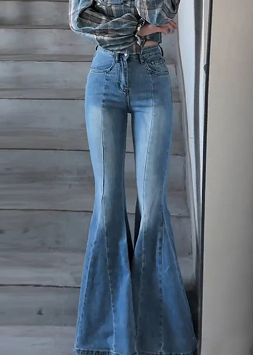 Slim Fit Blue Pockets High Waist Denim Flared Trousers Spring - Image 2