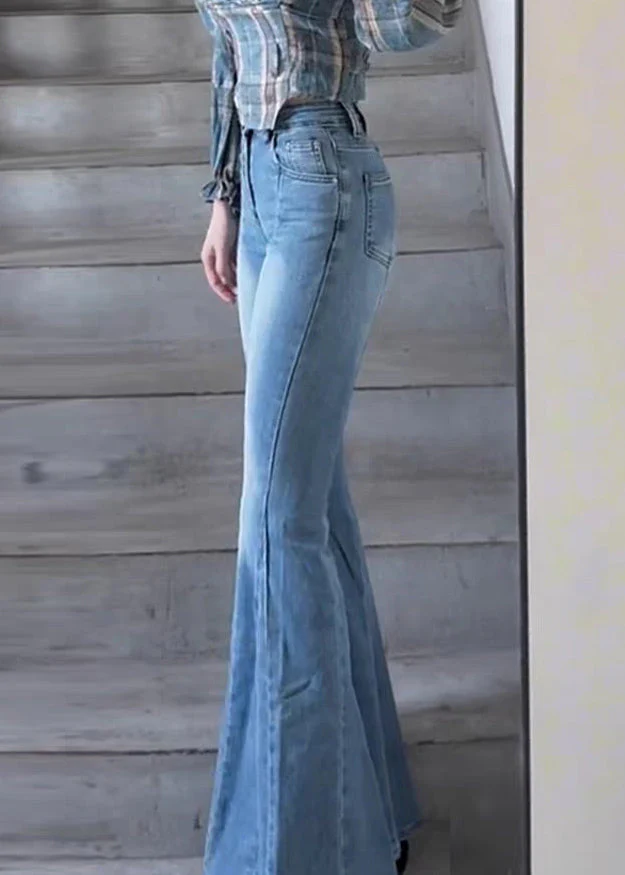 Slim Fit Blue Pockets High Waist Denim Flared Trousers Spring - Image 3