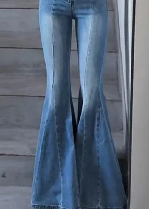 Slim Fit Blue Pockets High Waist Denim Flared Trousers Spring - Image 4