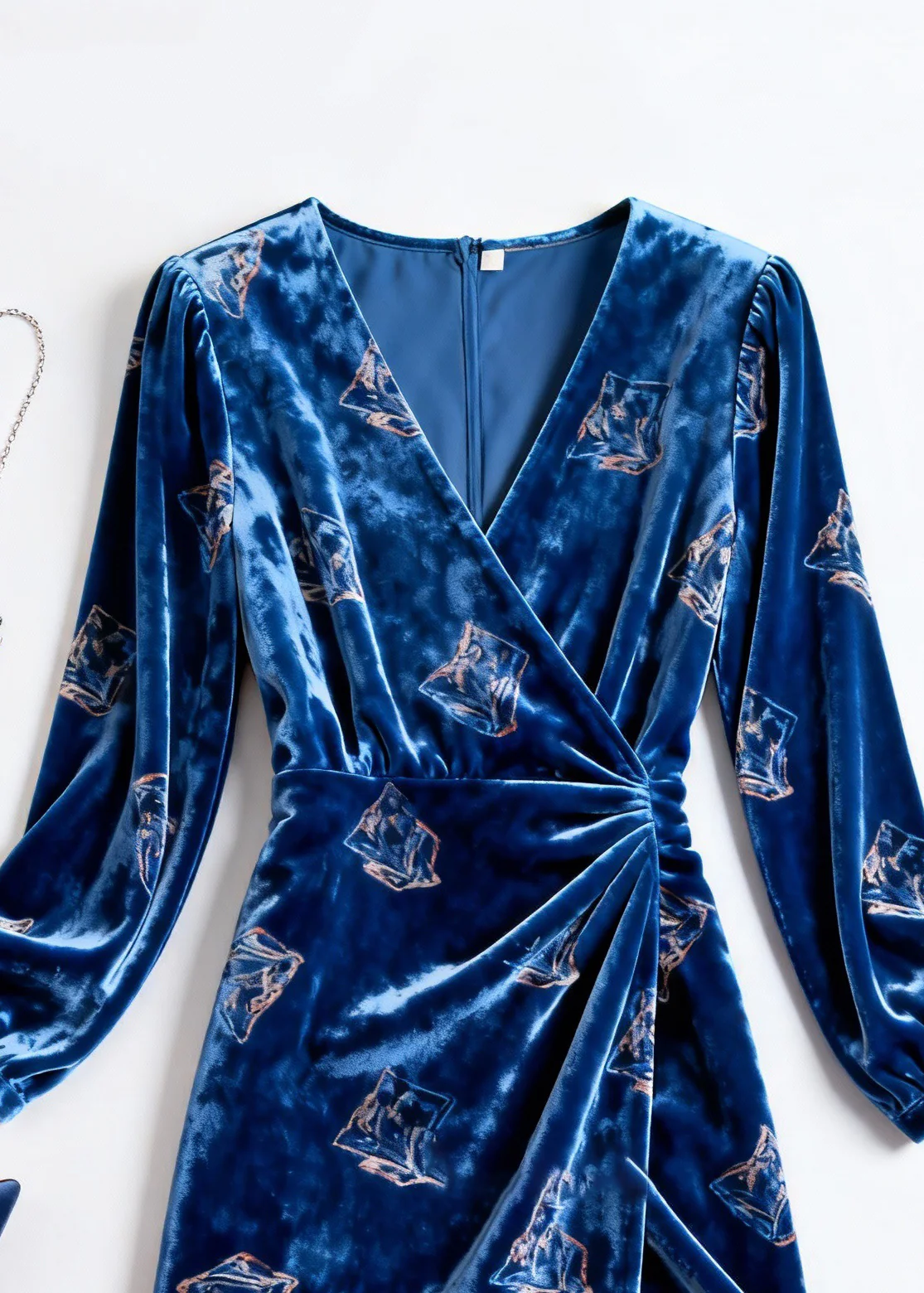 Slim Fit Blue Print Wrinkled Silk Velvet Dress Spring - Image 2
