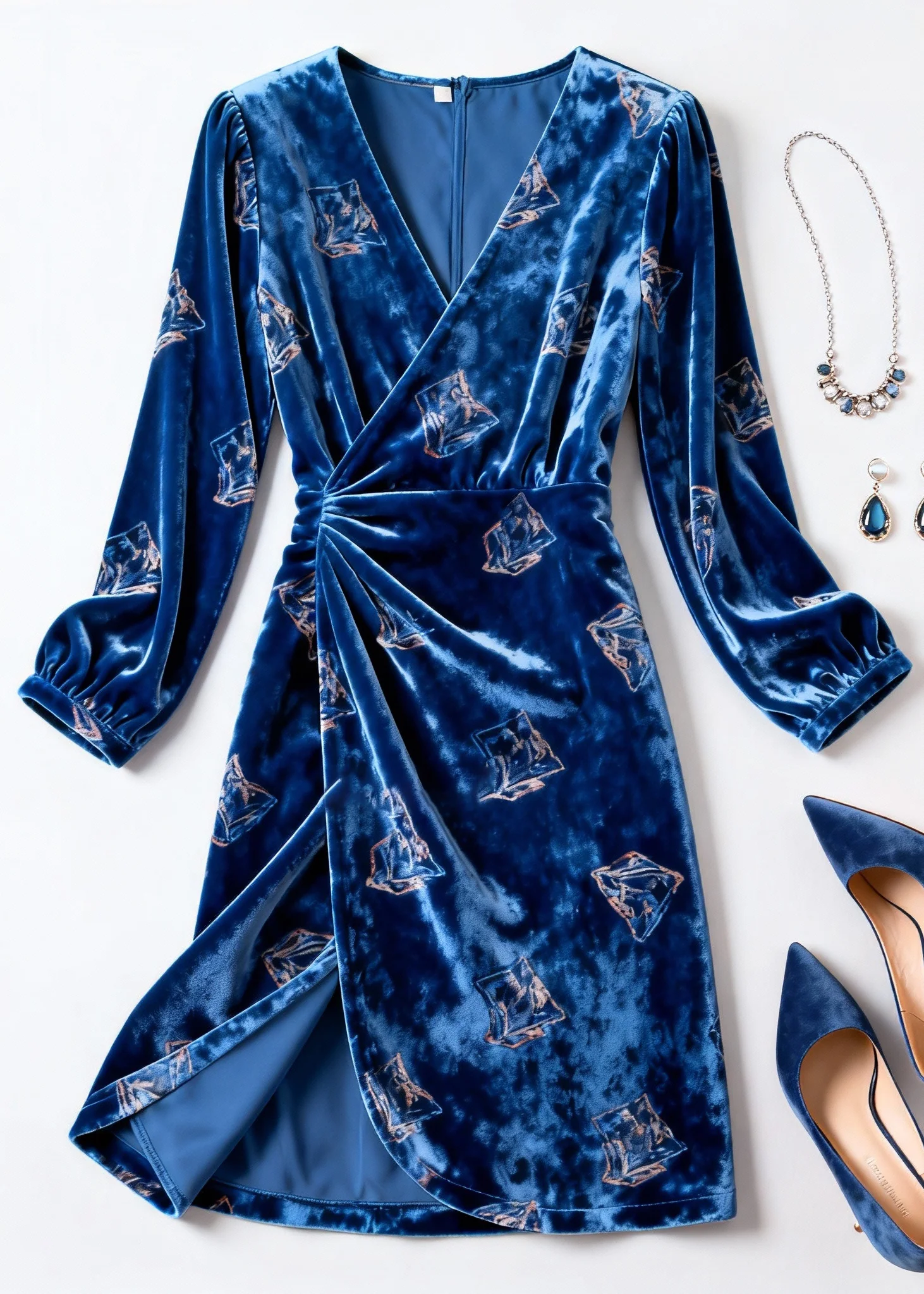 Slim Fit Blue Print Wrinkled Silk Velvet Dress Spring - Image 3