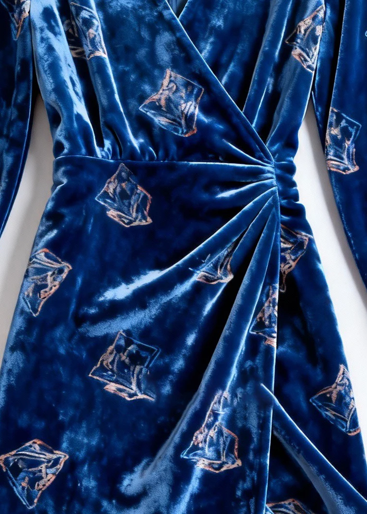 Slim Fit Blue Print Wrinkled Silk Velvet Dress Spring - Image 4