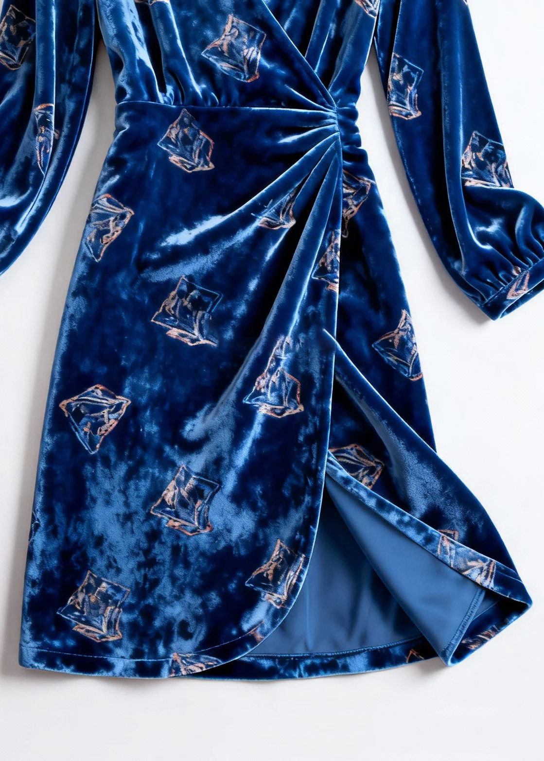 Slim Fit Blue Print Wrinkled Silk Velvet Dress Spring - Image 5