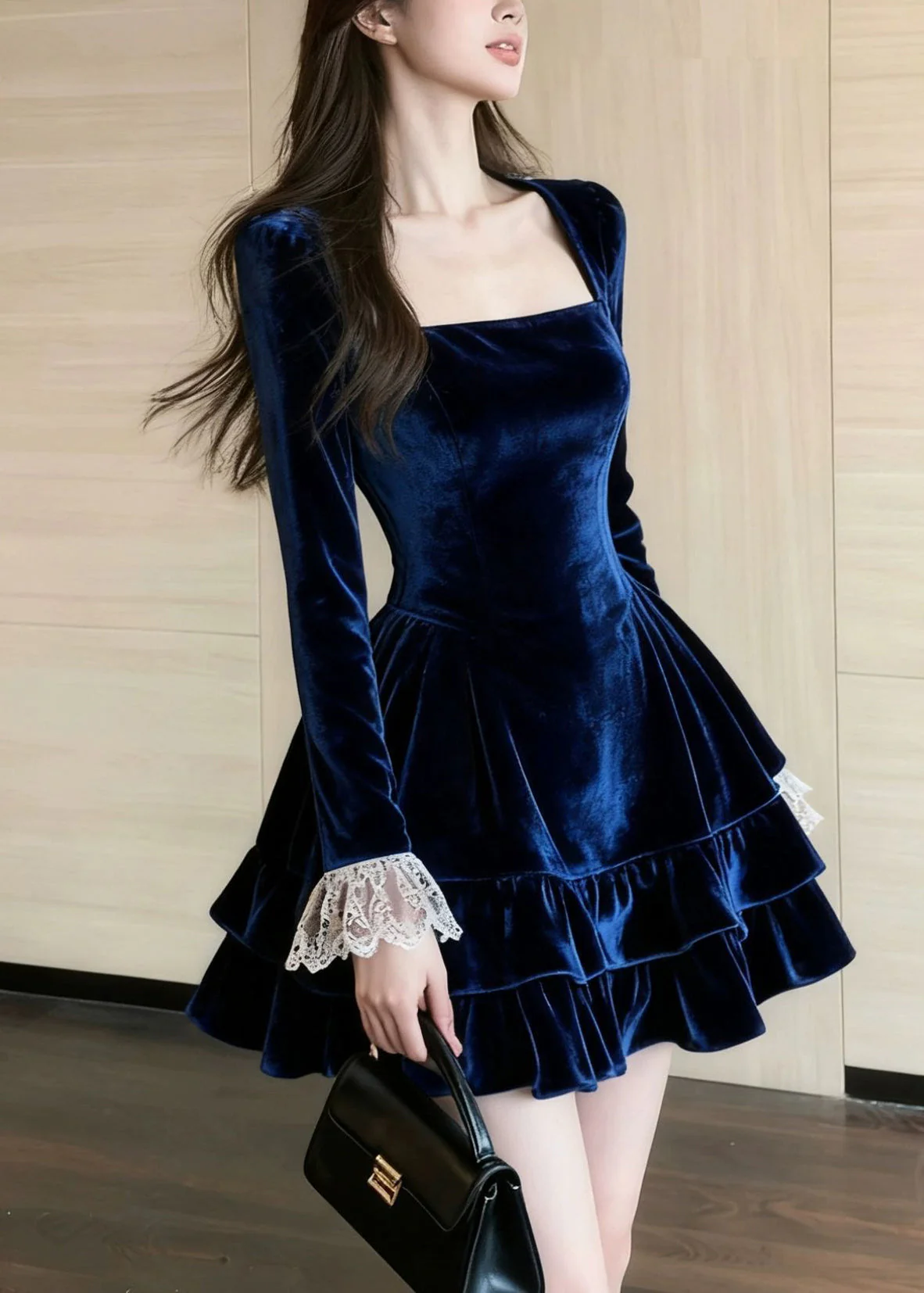 Slim Fit Blue Ruffled Lace Patchwork Silk Velvet Mini Dresses Spring - Image 2