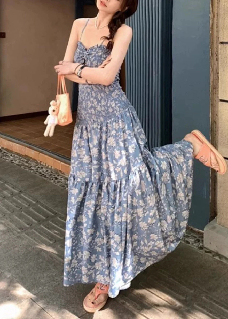 Slim Fit Blue Ruffled Print Hollow Out Cotton Spaghetti Strap Dress Summer - Image 2