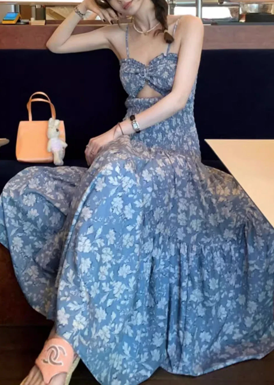 Slim Fit Blue Ruffled Print Hollow Out Cotton Spaghetti Strap Dress Summer - Image 3