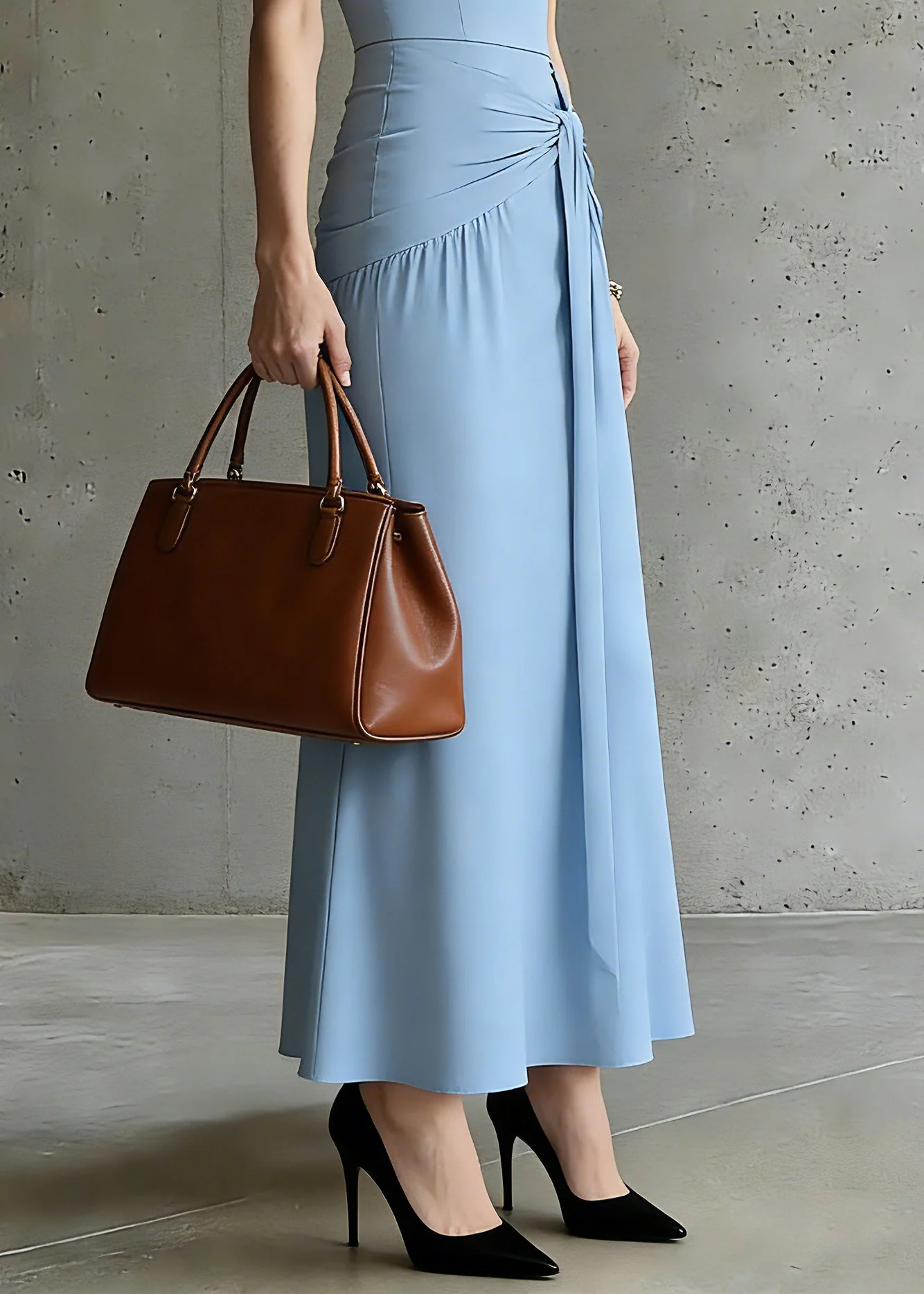 Slim Fit Blue U Neck Patchwork Tie Waist Solid Long Spaghetti Strap Dress Summer - Image 4