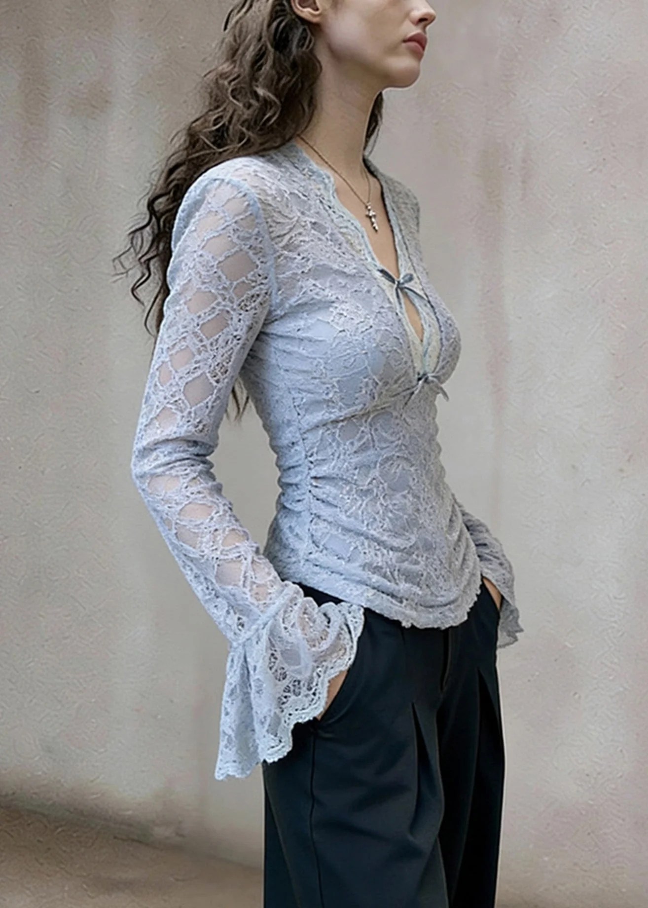 Slim Fit Blue V Neck Bow Lace T Shirt Flare Sleeve
