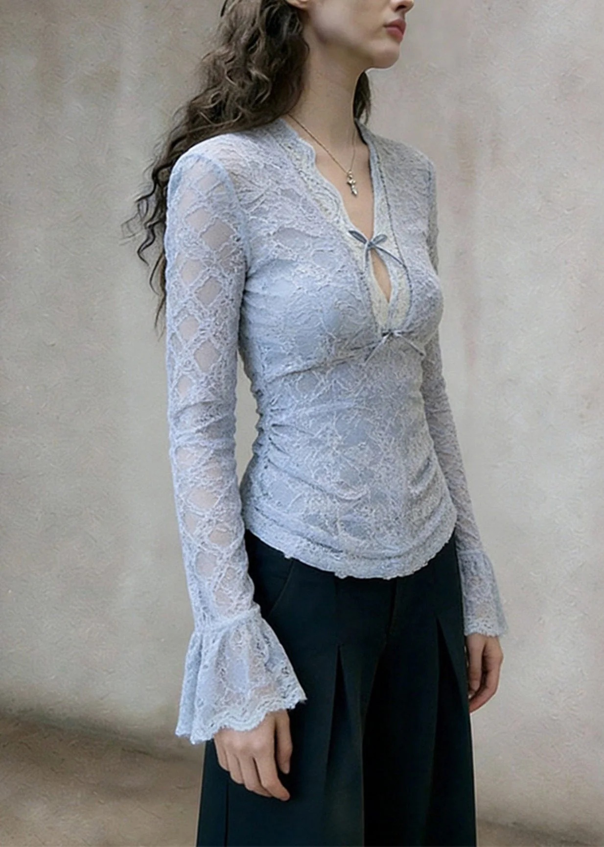 Slim Fit Blue V Neck Bow Lace T Shirt Flare Sleeve - Image 3