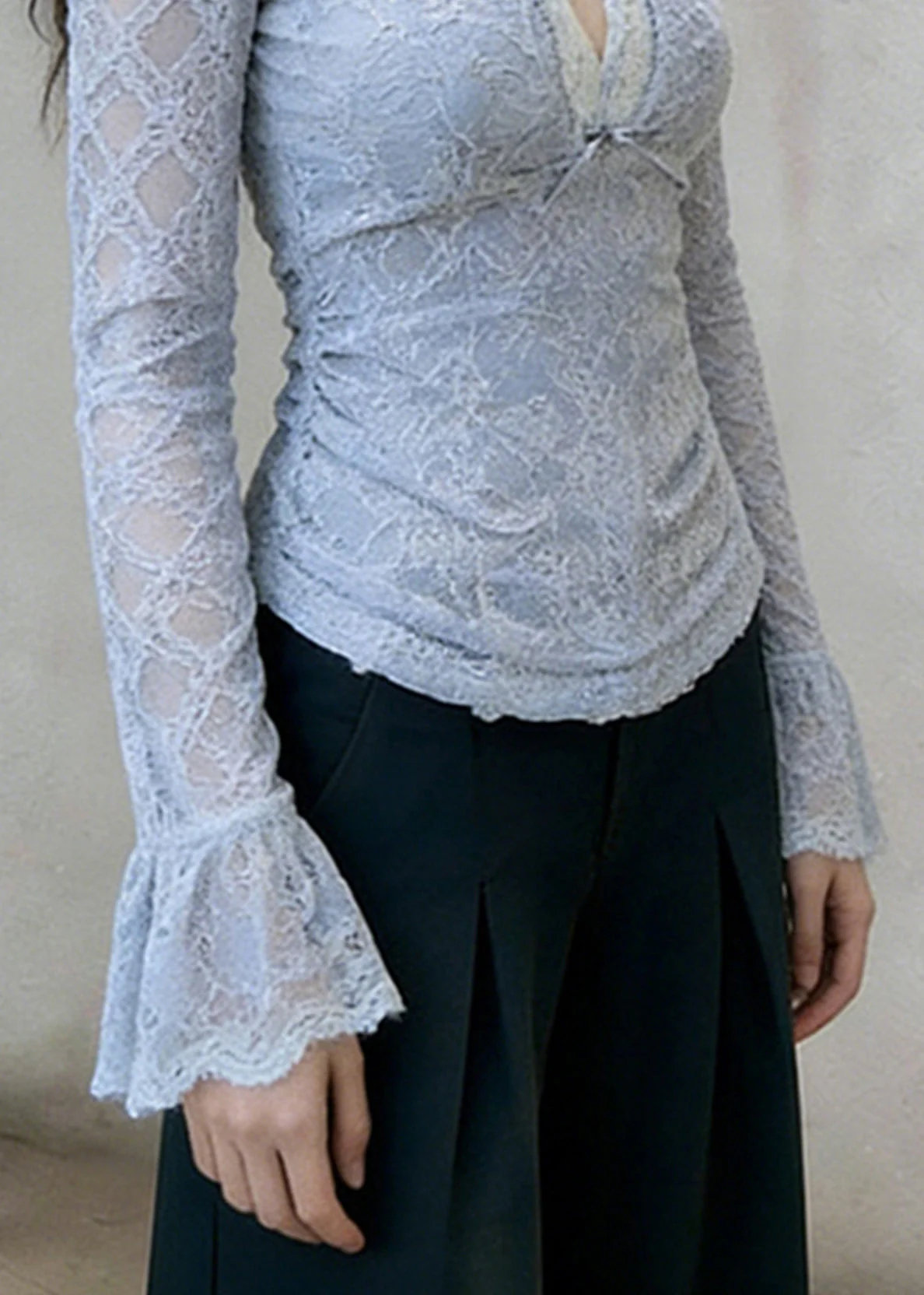 Slim Fit Blue V Neck Bow Lace T Shirt Flare Sleeve - Image 5