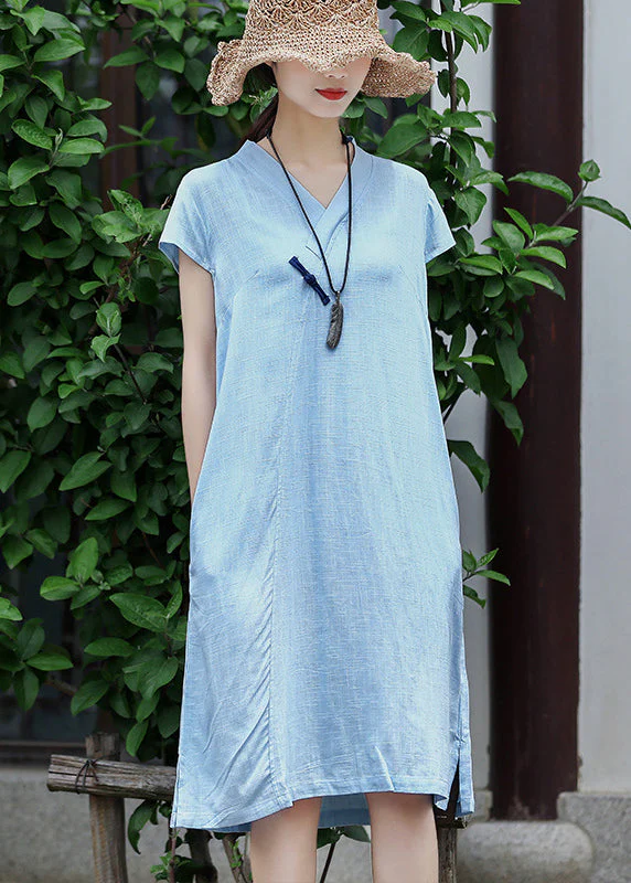 Slim Fit Blue V Neck Pocket Linen Dress Short Sleeve - Image 2