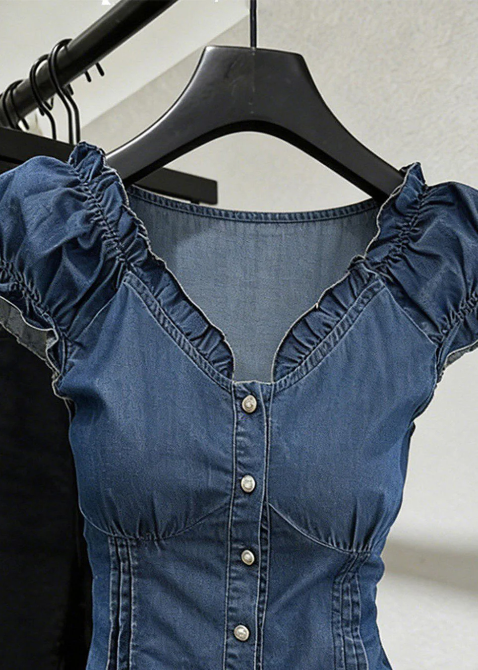 Slim Fit Blue V Neck Ruffled Denim Shirt Short Sleeve - Image 2
