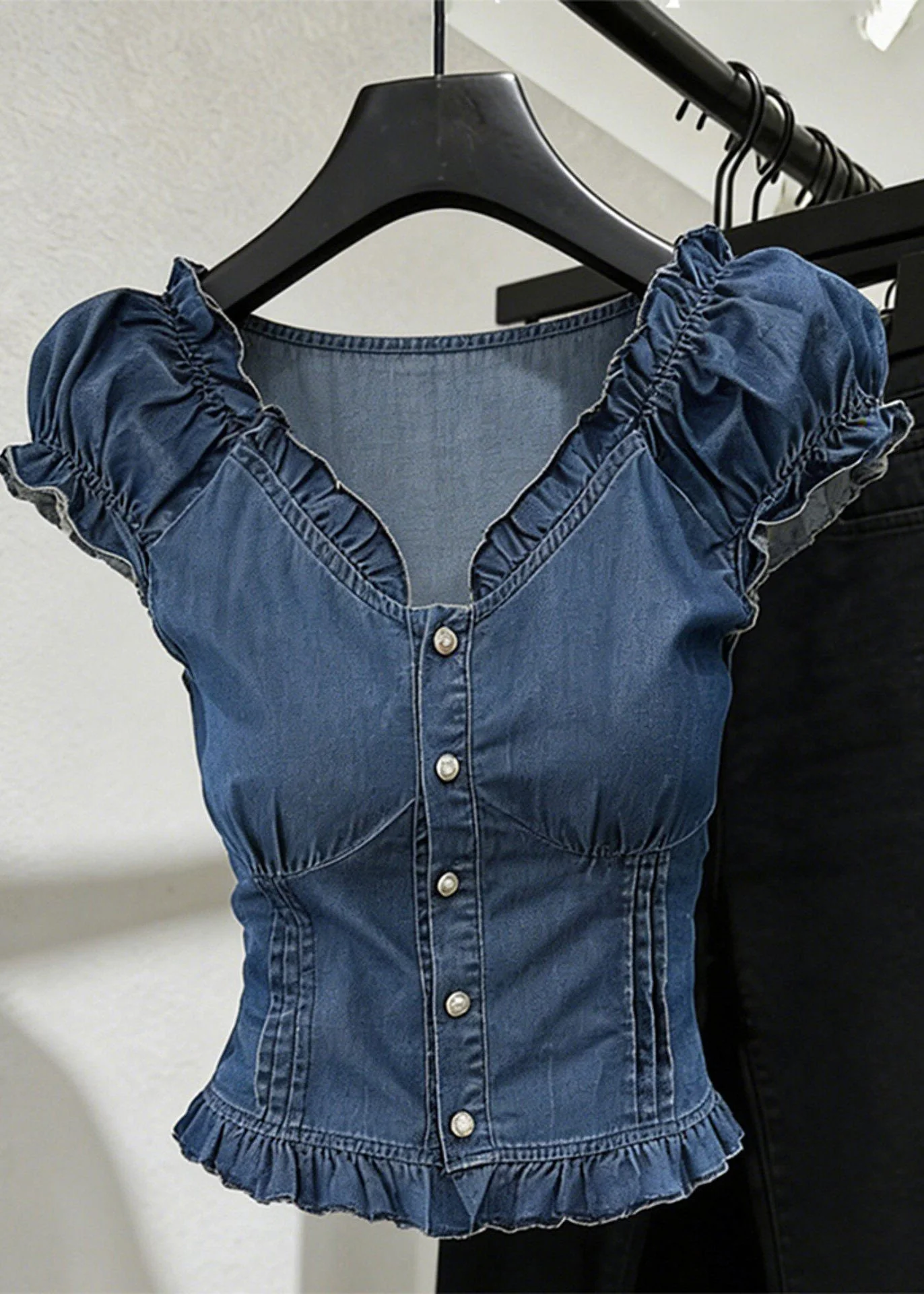 Slim Fit Blue V Neck Ruffled Denim Shirt Short Sleeve - Image 3