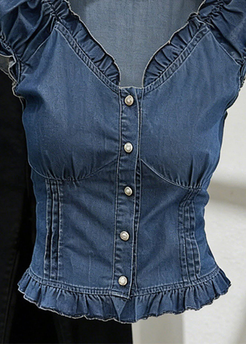Slim Fit Blue V Neck Ruffled Denim Shirt Short Sleeve - Image 4
