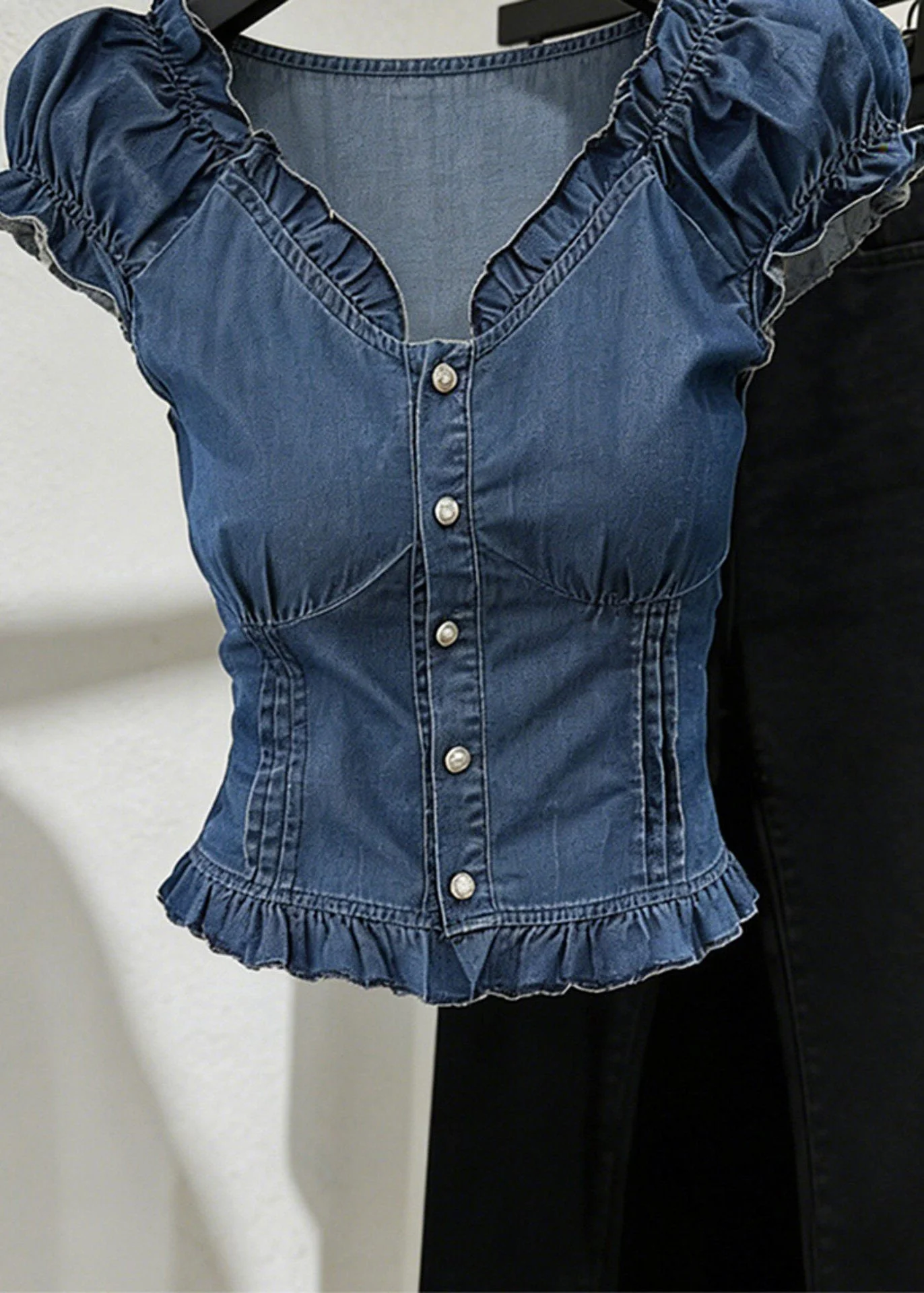 Slim Fit Blue V Neck Ruffled Denim Shirt Short Sleeve - Image 5