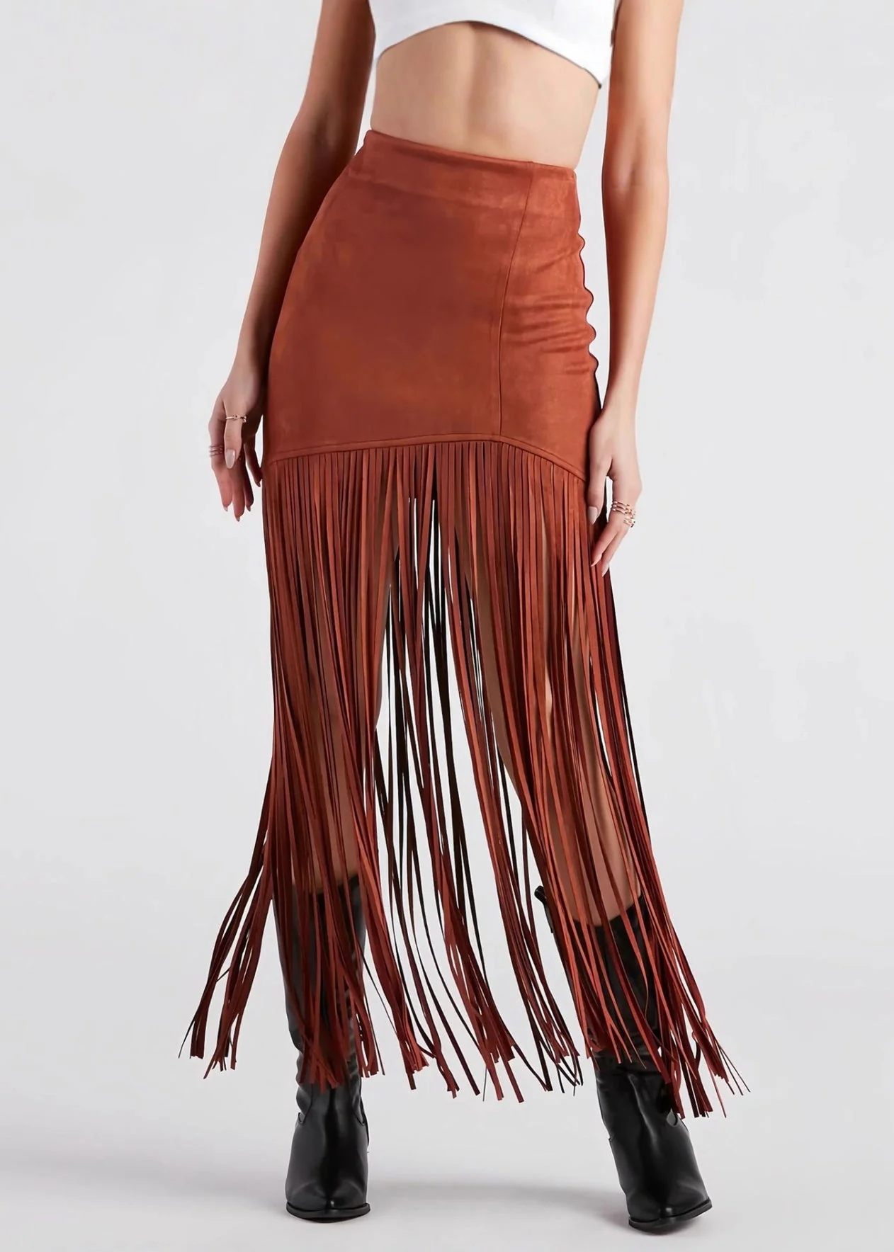 Slim Fit Brick Red Tasseled Zippered Faux Suede Maxi Skirts - Image 2