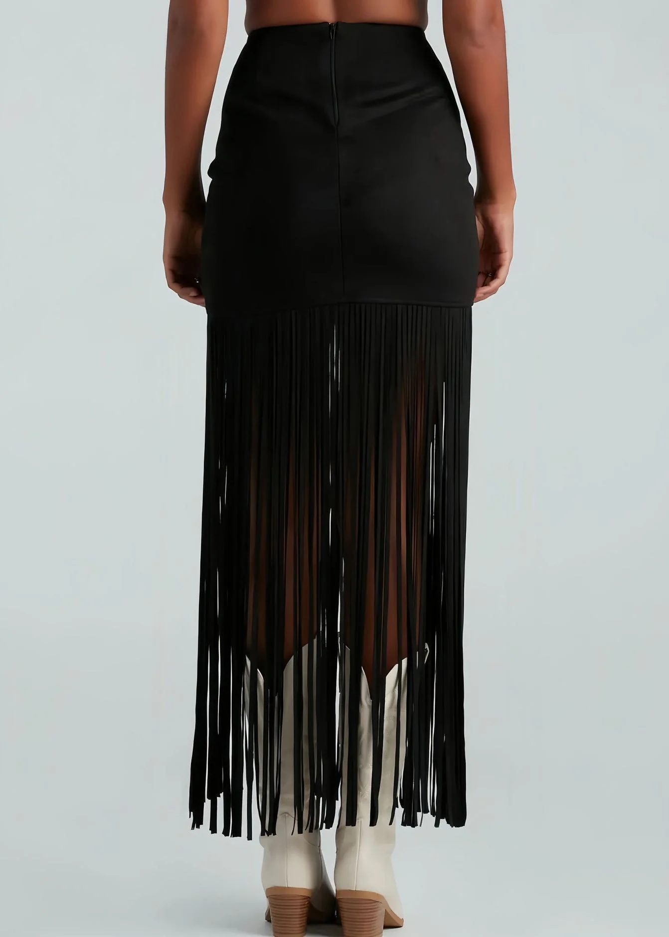 Slim Fit Brick Red Tasseled Zippered Faux Suede Maxi Skirts - Image 3