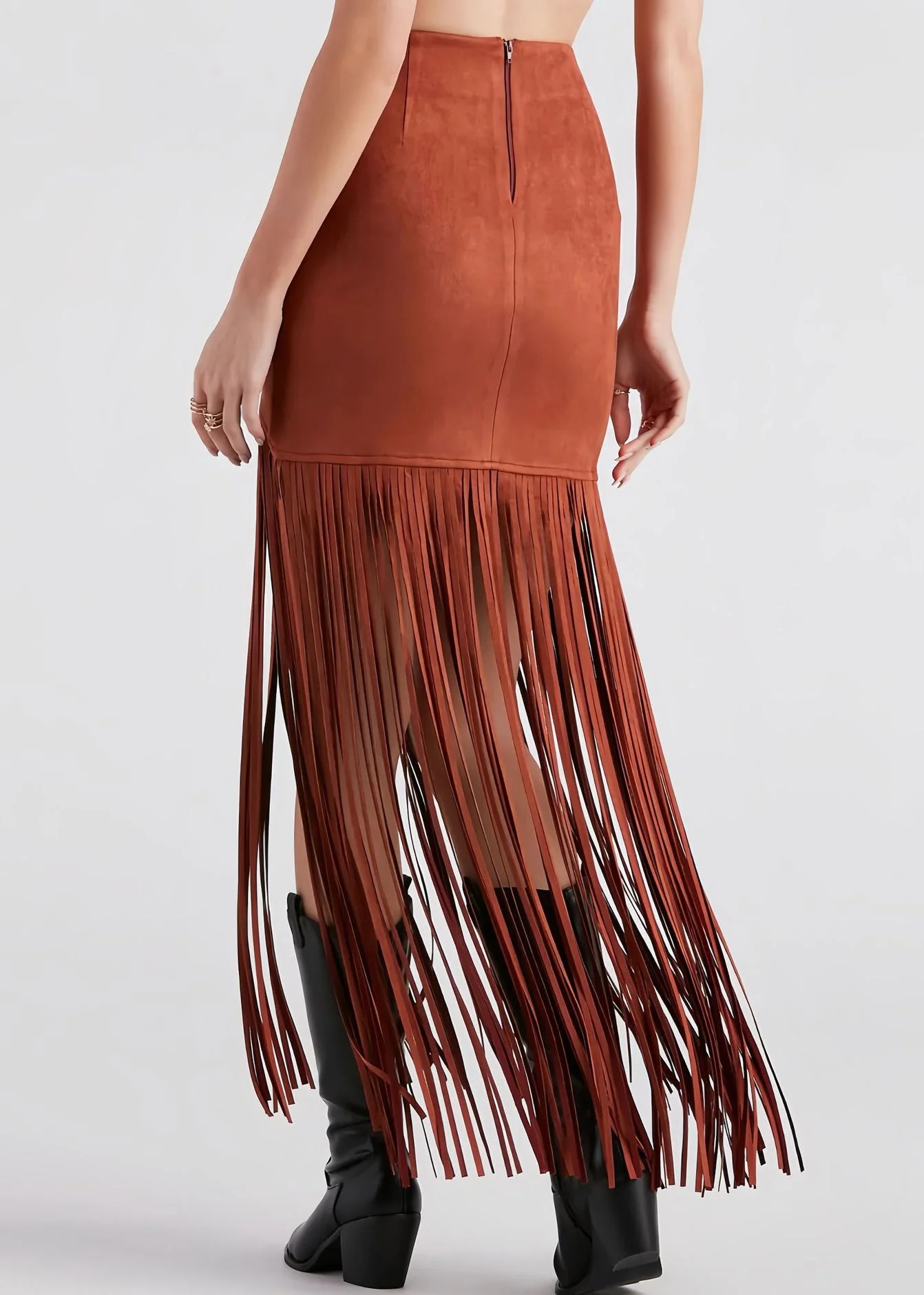 Slim Fit Brick Red Tasseled Zippered Faux Suede Maxi Skirts - Image 4