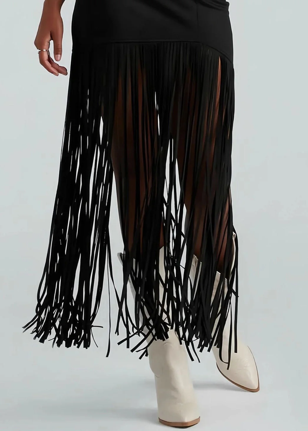 Slim Fit Brick Red Tasseled Zippered Faux Suede Maxi Skirts - Image 5
