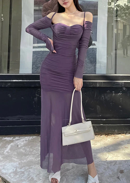 Slim Fit Brown Cold Shoulder Wrinkled Tulle Spaghetti Strap Dress Spring - Image 3